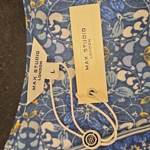 💕MAX STUDIO Elbow Sleeve Ruffle Midi Dress Spruce Fold Flower Grid Panel L NWT - Picture 11 of 14